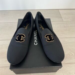 Chanel Black Grosgrain Chain Around CC Logo Mule Flats Loafers